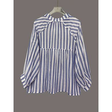 Women Striped Balloon Sleeve Blouse Button Down Ruffle Peplum Top