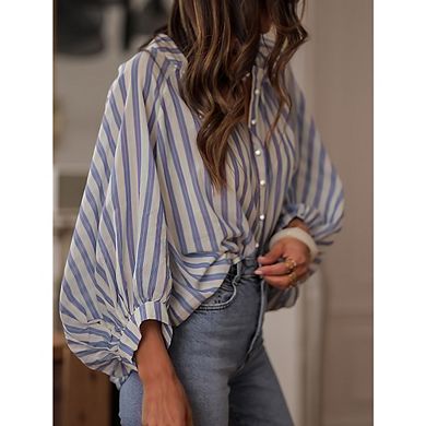 Women Striped Balloon Sleeve Blouse Button Down Ruffle Peplum Top