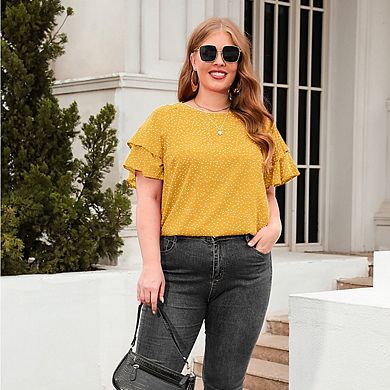 Women's Plus Size Sparkly Glitter Short Crew Neck Smocked Sleeve Ruffle Blouse