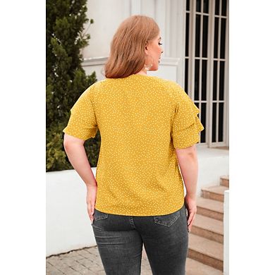 Women's Plus Size Sparkly Glitter Short Crew Neck Smocked Sleeve Ruffle Blouse