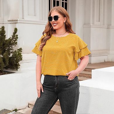 Women's Plus Size Sparkly Glitter Short Crew Neck Smocked Sleeve Ruffle Blouse