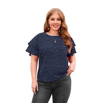 Women's Plus Size Sparkly Glitter Short Crew Neck Smocked Sleeve Ruffle Blouse