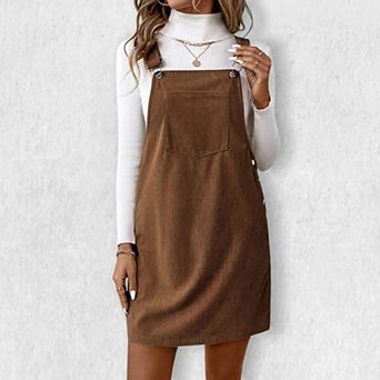 Women's Square Neck Corduroy Pinafore Dress - Vintage Suspender Jumper with Pockets