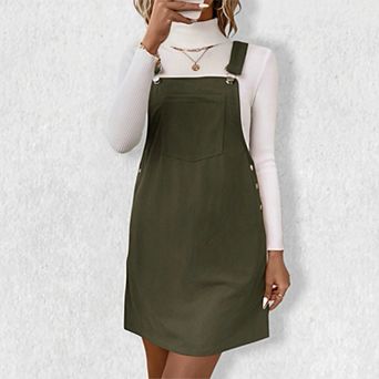 Women's Square Neck Corduroy Pinafore Dress - Vintage Suspender Jumper with Pockets