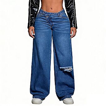 Women's Wide Leg Denim Jeans Asymmetric Crossover Waist Casual Long Pants