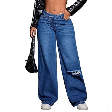 Women's Wide Leg Denim Jeans Asymmetric Crossover Waist Casual Long Pants
