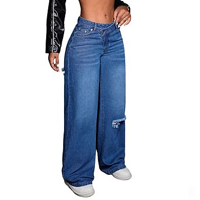 Women's Wide Leg Denim Jeans Asymmetric Crossover Waist Casual Long Pants