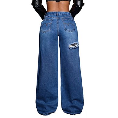 Women's Wide Leg Denim Jeans Asymmetric Crossover Waist Casual Long Pants