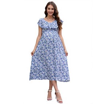 Women Maternity Casual V Neck Ruffle Cap Sleeveless Summer Boho Sundress Flowy Maxi Dress
