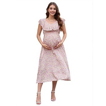 Women Maternity Casual V Neck Ruffle Cap Sleeveless Summer Boho Sundress Flowy Maxi Dress