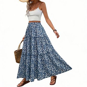 Women's Boho Floral Skirts High Waisted Flowy Swing Pleated Beach Long Skirt