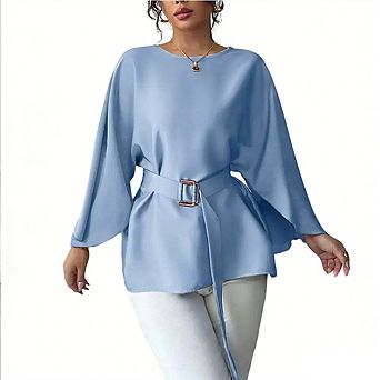 Women Elegant Batwing Sleeve Blouse with Belt Crew Neck Tunic Top