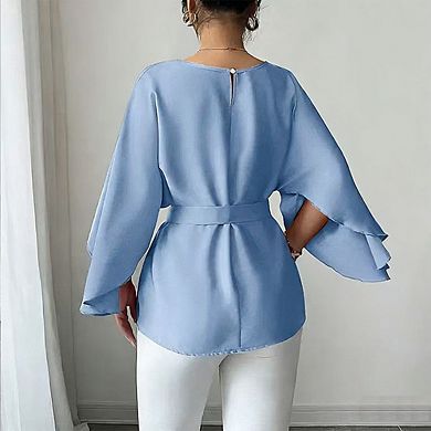 Women Elegant Batwing Sleeve Blouse with Belt Crew Neck Tunic Top