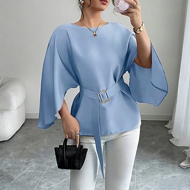 Women Elegant Batwing Sleeve Blouse with Belt Crew Neck Tunic Top