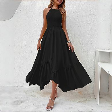 Women's Solid Color Asymmetric Spaghetti Strap Dress - Sleeveless Slip Maxi Summer Dress