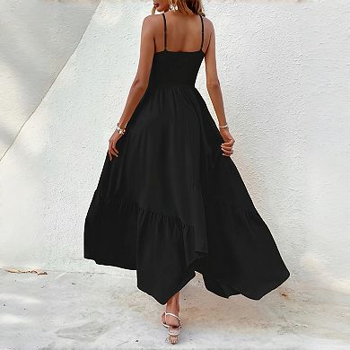 Women's Solid Color Asymmetric Spaghetti Strap Dress - Sleeveless Slip Maxi Summer Dress