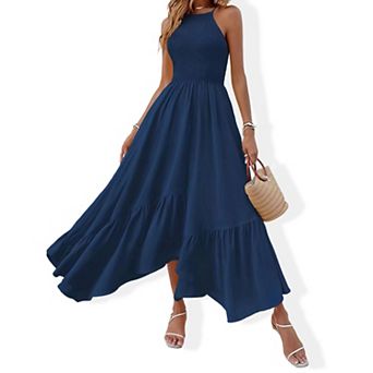 Women's Solid Color Asymmetric Spaghetti Strap Dress - Sleeveless Slip Maxi Summer Dress