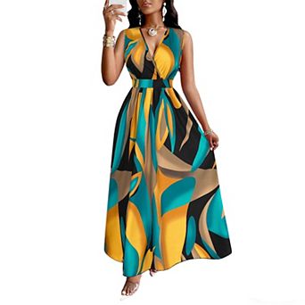 Women's Sleeveless V Neck Maxi Dress Flowy Wrap Dress with Elastic Waist for Summer Vacation