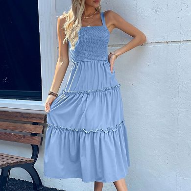 Women's Solid Color Shirred Spaghetti Strap Dress - Smocked Stretch Sleeveless Summer Maxi Dress