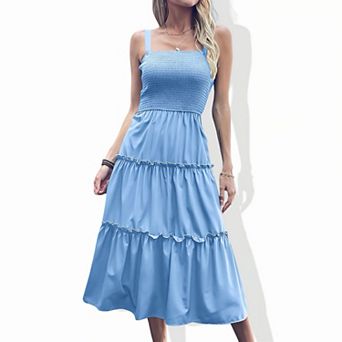 Women's Solid Color Shirred Spaghetti Strap Dress - Smocked Stretch Sleeveless Summer Maxi Dress
