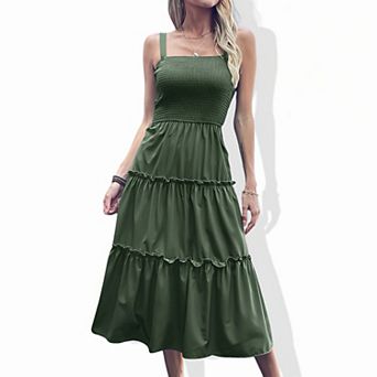 Women's Solid Color Shirred Spaghetti Strap Dress - Smocked Stretch Sleeveless Summer Maxi Dress