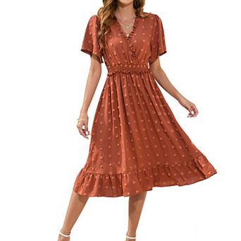 Women's V Neck Swiss Dot Midi Dress Ruffle Short Sleeve Elastic Waist Flowy A Line Dresses