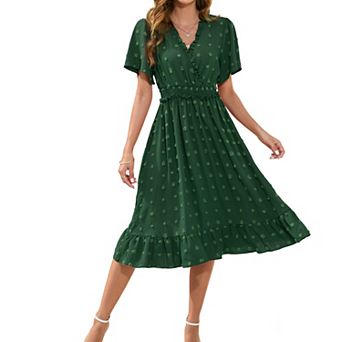 Women's V Neck Swiss Dot Midi Dress Ruffle Short Sleeve Elastic Waist Flowy A Line Dresses