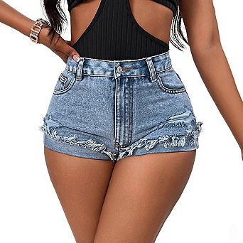 Women's Distressed Denim Shorts High Waist Fringe Trim Relaxed Fit Casual Shorts