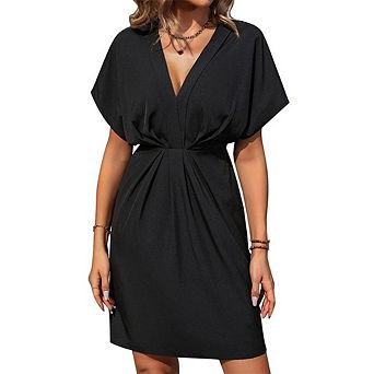 Women V Neck Ruched Front Batwing Sleeve Midi Dress Elegant Flowy Ruched Waist Wedding Guest Dresses