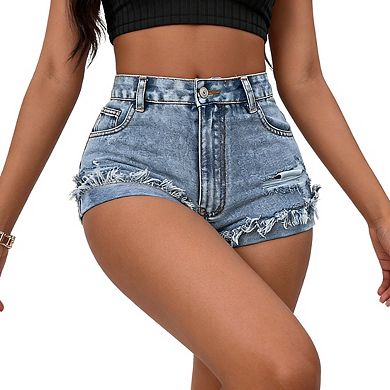 Women's High Rise Denim Shorts Distressed Fringe Hem Button Closure Slim Fit Jeans Shorts