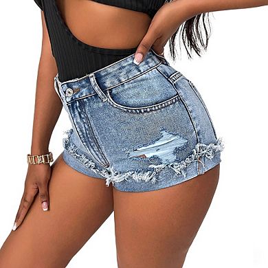 Women's High Rise Denim Shorts Distressed Fringe Hem Button Closure Slim Fit Jeans Shorts