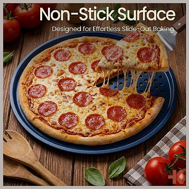 Round Perforated Nonstick Pizza Baking Pan Set with Silicone Handles