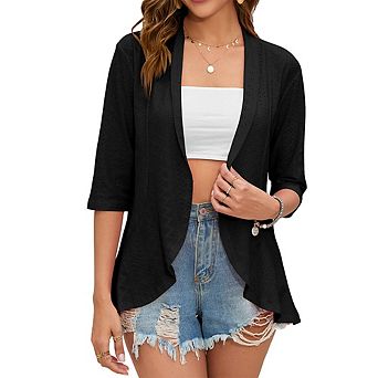 Women Soft Drapy Open Front 3/4 Sleeve Ruffle Trim Casual Cardigan Jacket