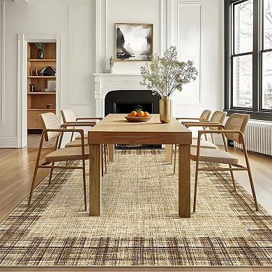 Modern Bordered Area Rug Machine Washable Low Pile Pet Friendly Foldable Carpet for Dining Room