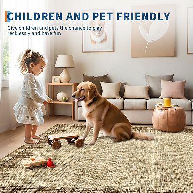 Modern Bordered Area Rug Machine Washable Low Pile Pet Friendly Foldable Carpet for Dining Room