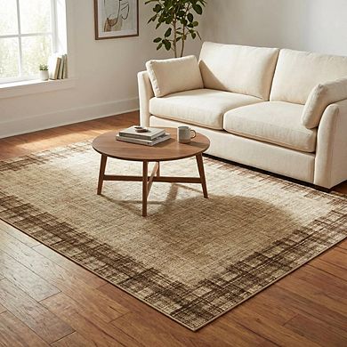 Modern Bordered Area Rug Machine Washable Low Pile Pet Friendly Foldable Carpet for Dining Room