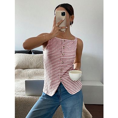 Women's Stripe Slim Fit Lightweight Sweater Tops Casual Button Down Sleeveless Camisole Tops