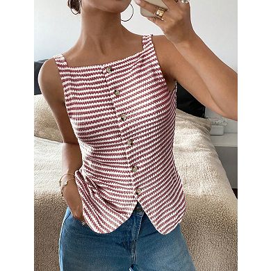 Women's Stripe Slim Fit Lightweight Sweater Tops Casual Button Down Sleeveless Camisole Tops