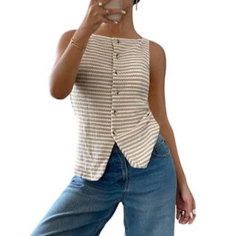 Women's Stripe Slim Fit Lightweight Sweater Tops Casual Button Down Sleeveless Camisole Tops