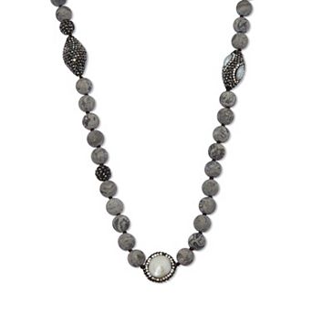 PalmBeach Jewelry Round Genuine Pearl and Jasper Silvertone Beaded Necklace 34-inch