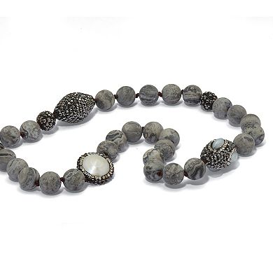 PalmBeach Jewelry Round Genuine Pearl and Jasper Silvertone Beaded Necklace 34-inch
