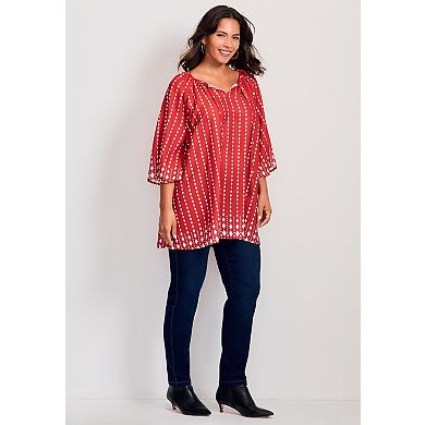 Avenue Women's Plus Size Bell Sleeve Keyhole Tie Blouse