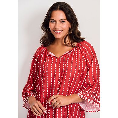 Avenue Women's Plus Size Bell Sleeve Keyhole Tie Blouse