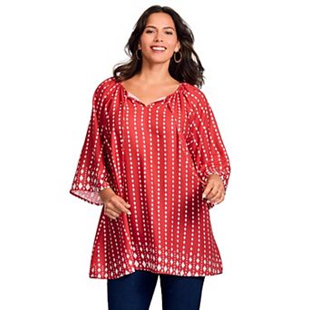 Avenue Women's Plus Size Bell Sleeve Keyhole Tie Blouse