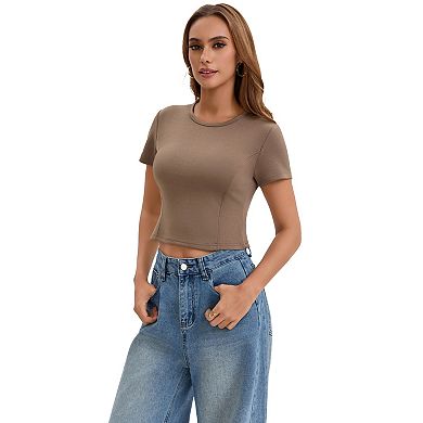 Womens Crop Tops Summer Basic Tees Short Sleeve Seamed Crewneck Tight Tops Workout Y2k TShirts