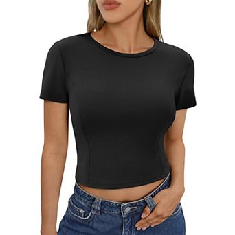 Womens Crop Tops Summer Basic Tees Short Sleeve Seamed Crewneck Tight Tops Workout Y2k TShirts