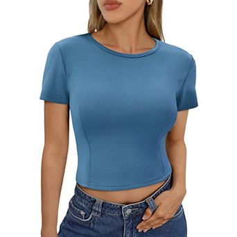 Womens Crop Tops Summer Basic Tees Short Sleeve Seamed Crewneck Tight Tops Workout Y2k TShirts