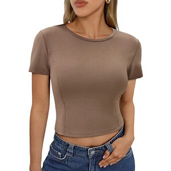 Womens Crop Tops Summer Basic Tees Short Sleeve Seamed Crewneck Tight Tops Workout Y2k TShirts