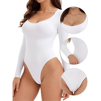 2 Packs Women's Long Sleeve Bodysuit Slim Fit V Neck Tummy Control Brief Shapewear