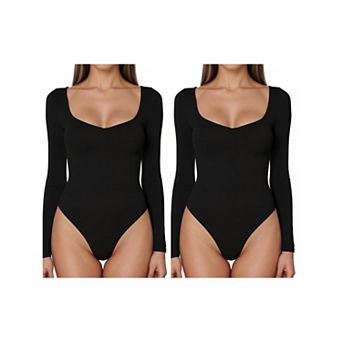 2 Packs Women's Long Sleeve Bodysuit Slim Fit V Neck Tummy Control Brief Shapewear